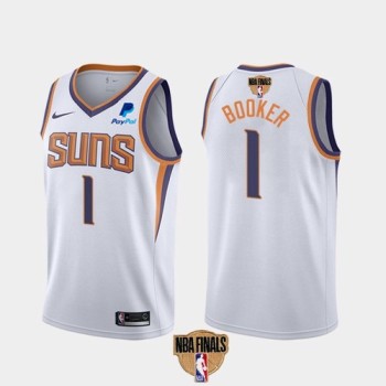 Men's Phoenix Suns #1 Devin Booker 2021 White NBA Finals Association Edition Stitched Jersey Men's Phoenix Suns #1 Devin Booker 2021 White NBA Finals Association Edition Stitched Jersey