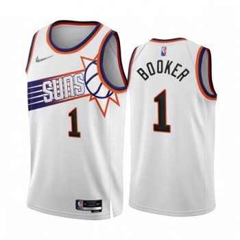 Men's Phoenix Suns #1 Devin Booker 2022/23 White 75th Anniversary Association Edition Stitched Jersey Men's Phoenix Suns #1 Devin Booker 2022/23 White 75th Anniversary Association Edition Stitched Jersey