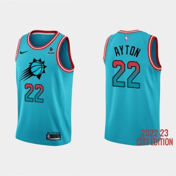 Men's Phoenix Suns #22 Deandre Ayton Blue 2022/23 City Edition With Black Payple Patch Stitched Basketball Jersey Men's Phoenix Suns #22 Deandre Ayton Blue 2022/23 City Edition With Black Payple Patch Stitched Basketball Jersey
