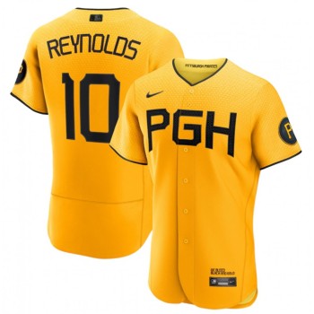 Men's Pittsburgh Pirates #10 Bryan Reynolds Gold 2023 City Connect Flex Base Stitched Jersey Men's Pittsburgh Pirates #10 Bryan Reynolds Gold 2023 City Connect Flex Base Stitched Jersey