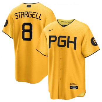 Men's Pittsburgh Pirates #8 Willie Stargell Gold 2023 City Connect Stitched Jersey Men's Pittsburgh Pirates #8 Willie Stargell Gold 2023 City Connect Stitched Jersey