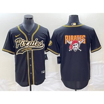 Men's Pittsburgh Pirates Black Team Big Logo Cool Base Stitched Baseball Jersey Men's Pittsburgh Pirates Black Team Big Logo Cool Base Stitched Baseball Jersey