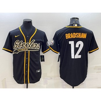 Men's Pittsburgh Steelers #12 Terry Bradshaw Black With Patch Cool Base Stitched Baseball Jersey Men's Pittsburgh Steelers #12 Terry Bradshaw Black With Patch Cool Base Stitched Baseball Jersey