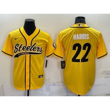 Men's Pittsburgh Steelers #22 Najee Harris Yellow With Patch Cool Base Stitched Baseball Jersey Men's Pittsburgh Steelers #22 Najee Harris Yellow With Patch Cool Base Stitched Baseball Jersey