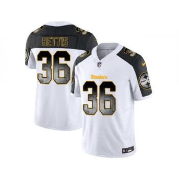 Men's Pittsburgh Steelers #36 Jerome Bettis White/Black 2023 F.U.S.E. Smoke Vapor Untouchable Limited Stitched Jersey Men's Pittsburgh Steelers #36 Jerome Bettis White/Black 2023 F.U.S.E. Smoke Vapor Untouchable Limited Stitched Jersey