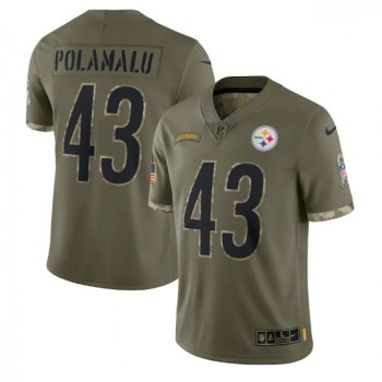 Men's Pittsburgh Steelers #43 Troy Polamalu Olive 2022 Salute To Service Limited Stitched Jersey Men's Pittsburgh Steelers #43 Troy Polamalu Olive 2022 Salute To Service Limited Stitched Jersey