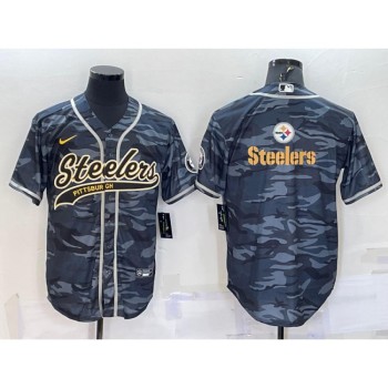 Men's Pittsburgh Steelers Blank Grey/Navy Camo Team Big Logo With Patch Cool Base Stitched Baseball Jersey Men's Pittsburgh Steelers Blank Grey/Navy Camo Team Big Logo With Patch Cool Base Stitched Baseball Jersey