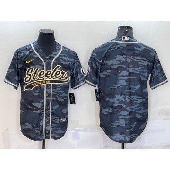 Men's Pittsburgh Steelers Blank Grey/Navy Camo With Patch Cool Base Stitched Baseball Jersey Men's Pittsburgh Steelers Blank Grey/Navy Camo With Patch Cool Base Stitched Baseball Jersey