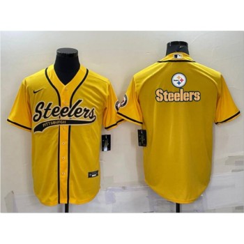 Men's Pittsburgh Steelers Yellow Team Big Logo With Patch Cool Base Stitched Baseball Jersey Men's Pittsburgh Steelers Yellow Team Big Logo With Patch Cool Base Stitched Baseball Jersey