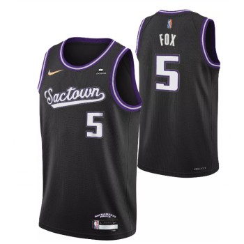 Men's Sacramento Kings #5 De'Aaron Fox 2021/2022 Black City Edition 75th Anniversary Stitched Jersey Men's Sacramento Kings #5 De'Aaron Fox 2021/2022 Black City Edition 75th Anniversary Stitched Jersey