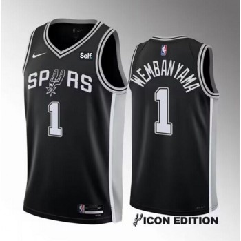 Men's San Antonio Spurs #1 Victor Wembanyama Black 2022/23 Icon Edition Stitched Basketball Jersey Men's San Antonio Spurs #1 Victor Wembanyama Black 2022/23 Icon Edition Stitched Basketball Jersey