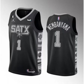 Men's San Antonio Spurs #1 Victor Wembanyama Black 2022/23 Statement Edition With NO.6 Patch Stitched Basketball Jersey Men's San Antonio Spurs #1 Victor Wembanyama Black 2022/23 Statement Edition With NO.6 Patch Stitched Basketball Jersey