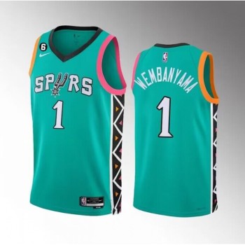 Men's San Antonio Spurs #1 Victor Wembanyama Teal 2022/23 City Edition Swingman With NO.6 Patch Stitched Basketball Jersey Men's San Antonio Spurs #1 Victor Wembanyama Teal 2022/23 City Edition Swingman With NO.6 Patch Stitched Basketball Jersey