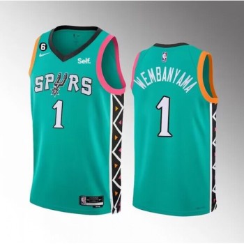 Men's San Antonio Spurs #1 Victor Wembanyama Teal 2022/23 City Edition Swingman With NO.6 Patch Stitched Basketball Jersey Men's San Antonio Spurs #1 Victor Wembanyama Teal 2022/23 City Edition Swingman With NO.6 Patch Stitched Basketball Jersey