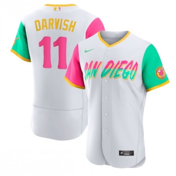 Men's San Diego Padres #11 Yu Darvish 2022 White City Connect Flex Base Stitched Baseball Jersey Men's San Diego Padres #11 Yu Darvish 2022 White City Connect Flex Base Stitched Baseball Jersey