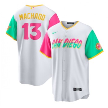 Men's San Diego Padres #13 Manny Machado 2022 White City Connect Cool Base Stitched Jersey Men's San Diego Padres #13 Manny Machado 2022 White City Connect Cool Base Stitched Jersey