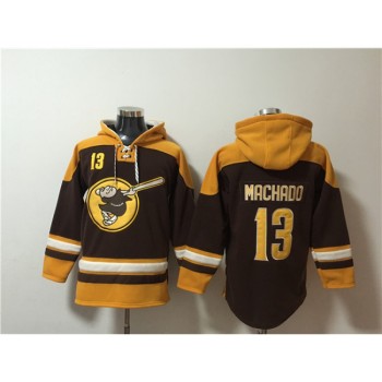 Men's San Diego Padres #13 Manny Machado Brown/Gold Ageless Must-Have Lace-Up Pullover Hoodie Men's San Diego Padres #13 Manny Machado Brown/Gold Ageless Must-Have Lace-Up Pullover Hoodie