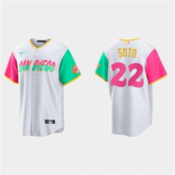 Men's San Diego Padres #22 Juan Soto White City Connect Cool Base Stitched Baseball Jersey Men's San Diego Padres #22 Juan Soto White City Connect Cool Base Stitched Baseball Jersey