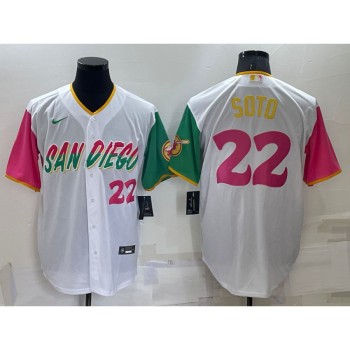 Men's San Diego Padres #22 Juan Soto White City Connect Cool Base Stitched Baseball Jersey Men's San Diego Padres #22 Juan Soto White City Connect Cool Base Stitched Baseball Jersey