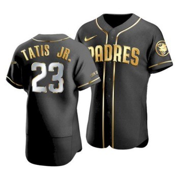Men's San Diego Padres #23 Fernando Tatis Jr. 2021 Black Golden Edition Flex Base Stitched Baseball Jersey Men's San Diego Padres #23 Fernando Tatis Jr. 2021 Black Golden Edition Flex Base Stitched Baseball Jersey