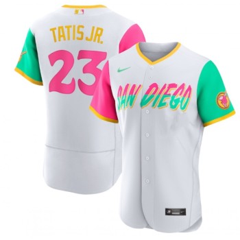 Men's San Diego Padres #23 Fernando Tatis Jr. 2022 White City Connect Flex Base Stitched Baseball Jersey Men's San Diego Padres #23 Fernando Tatis Jr. 2022 White City Connect Flex Base Stitched Baseball Jersey