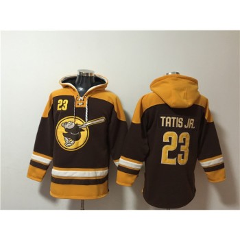 Men's San Diego Padres #23 Fernando Tatis Jr. Brown/Gold Ageless Must-Have Lace-Up Pullover Hoodie Men's San Diego Padres #23 Fernando Tatis Jr. Brown/Gold Ageless Must-Have Lace-Up Pullover Hoodie