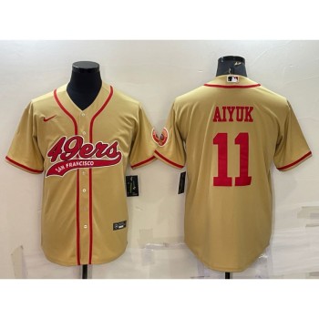Men's San Francisco 49ers #11 Brandon Aiyuk Gold With Patch Cool Base Stitched Baseball Jersey Men's San Francisco 49ers #11 Brandon Aiyuk Gold With Patch Cool Base Stitched Baseball Jersey