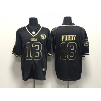 Men's San Francisco 49ers #13 Brock Purdy Black Gold With 75th Anniversary Patch Stitched Jersey Men's San Francisco 49ers #13 Brock Purdy Black Gold With 75th Anniversary Patch Stitched Jersey