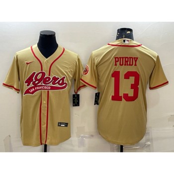 Men's San Francisco 49ers #13 Brock Purdy Gold With Patch Cool Base Stitched Baseball Jersey Men's San Francisco 49ers #13 Brock Purdy Gold With Patch Cool Base Stitched Baseball Jersey