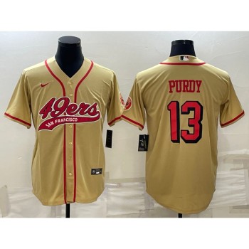 Men's San Francisco 49ers #13 Brock Purdy New Gold With Patch Cool Base Stitched Baseball Jersey Men's San Francisco 49ers #13 Brock Purdy New Gold With Patch Cool Base Stitched Baseball Jersey