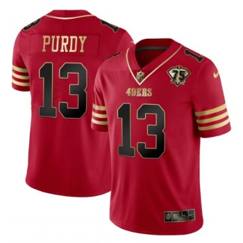 Men's San Francisco 49ers #13 Brock Purdy Red Gold With 75th Patch Cool Base Stitched Jersey Men's San Francisco 49ers #13 Brock Purdy Red Gold With 75th Patch Cool Base Stitched Jersey