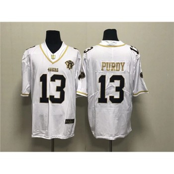 Men's San Francisco 49ers #13 Brock Purdy White Gold With 75th Anniversary Patch Stitched Jersey Men's San Francisco 49ers #13 Brock Purdy White Gold With 75th Anniversary Patch Stitched Jersey