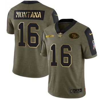 Men's San Francisco 49ers #16 Joe Montana 2021 Olive Salute To Service Golden Limited Stitched Jersey Men's San Francisco 49ers #16 Joe Montana 2021 Olive Salute To Service Golden Limited Stitched Jersey