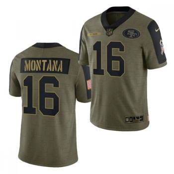 Men's San Francisco 49ers #16 Joe Montana 2021 Olive Salute To Service Limited Stitched Jersey Men's San Francisco 49ers #16 Joe Montana 2021 Olive Salute To Service Limited Stitched Jersey