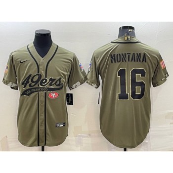 Men's San Francisco 49ers #16 Joe Montana 2022 Olive Salute to Service Cool Base Stitched Baseball Jersey Men's San Francisco 49ers #16 Joe Montana 2022 Olive Salute to Service Cool Base Stitched Baseball Jersey