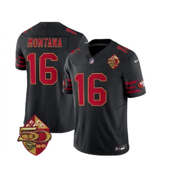Men's San Francisco 49ers #16 Joe Montana Black 2023 F.U.S.E. 50th Patch Vapor Limited Stitched Football Jersey Men's San Francisco 49ers #16 Joe Montana Black 2023 F.U.S.E. 50th Patch Vapor Limited Stitched Football Jersey