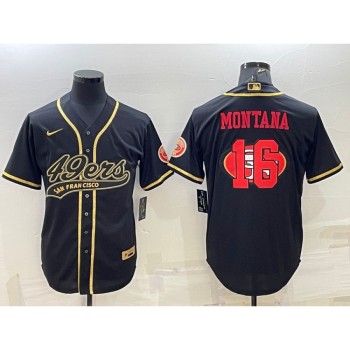 Men's San Francisco 49ers #16 Joe Montana Black Gold Team Big Logo With Patch Cool Base Stitched Baseball Jersey Men's San Francisco 49ers #16 Joe Montana Black Gold Team Big Logo With Patch Cool Base Stitched Baseball Jersey