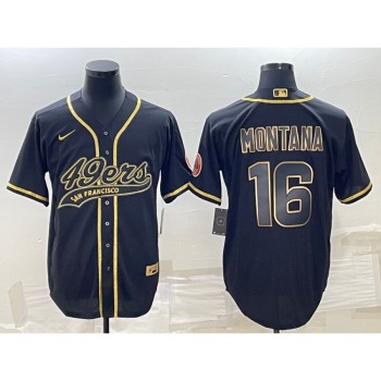 Men's San Francisco 49ers #16 Joe Montana Black Gold With Patch Cool Base Stitched Baseball Jersey Men's San Francisco 49ers #16 Joe Montana Black Gold With Patch Cool Base Stitched Baseball Jersey