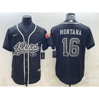 Men's San Francisco 49ers #16 Joe Montana Black Reflective With Patch Cool Base Stitched Baseball Jersey Men's San Francisco 49ers #16 Joe Montana Black Reflective With Patch Cool Base Stitched Baseball Jersey