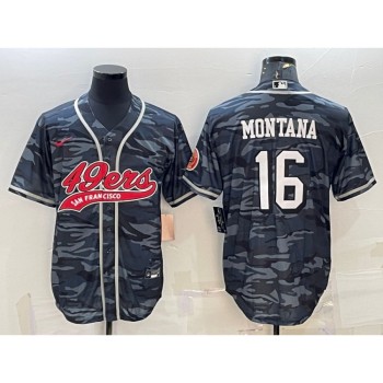 Men's San Francisco 49ers #16 Joe Montana Grey Camo With Patch Cool Base Stitched Baseball Jersey Men's San Francisco 49ers #16 Joe Montana Grey Camo With Patch Cool Base Stitched Baseball Jersey