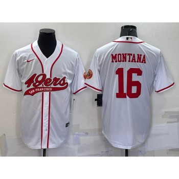 Men's San Francisco 49ers #16 Joe Montana White With Patch Cool Base Stitched Baseball Jersey Men's San Francisco 49ers #16 Joe Montana White With Patch Cool Base Stitched Baseball Jersey