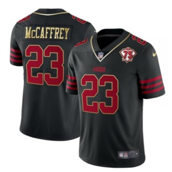 Men's San Francisco 49ers #23 Christian McCaffrey Black With 75th Anniversary Patch Stitched Jersey Men's San Francisco 49ers #23 Christian McCaffrey Black With 75th Anniversary Patch Stitched Jersey