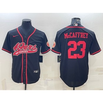 Men's San Francisco 49ers #23 Christian McCaffrey Black With Patch Cool Base Stitched Baseball Jersey Men's San Francisco 49ers #23 Christian McCaffrey Black With Patch Cool Base Stitched Baseball Jersey