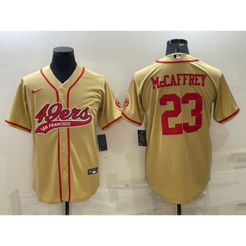 Men's San Francisco 49ers #23 Christian McCaffrey Gold With Patch Cool Base Stitched Baseball Jersey Men's San Francisco 49ers #23 Christian McCaffrey Gold With Patch Cool Base Stitched Baseball Jersey