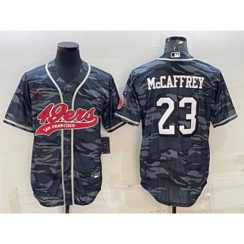 Men's San Francisco 49ers #23 Christian McCaffrey Grey Camo With Patch Cool Base Stitched Baseball Jersey Men's San Francisco 49ers #23 Christian McCaffrey Grey Camo With Patch Cool Base Stitched Baseball Jersey