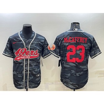 Men's San Francisco 49ers #23 Christian McCaffrey Grey Red Camo With Patch Cool Base Stitched Baseball Jersey Men's San Francisco 49ers #23 Christian McCaffrey Grey Red Camo With Patch Cool Base Stitched Baseball Jersey