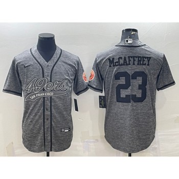 Men's San Francisco 49ers #23 Christian McCaffrey Grey With Patch Cool Base Stitched Baseball Jersey Men's San Francisco 49ers #23 Christian McCaffrey Grey With Patch Cool Base Stitched Baseball Jersey