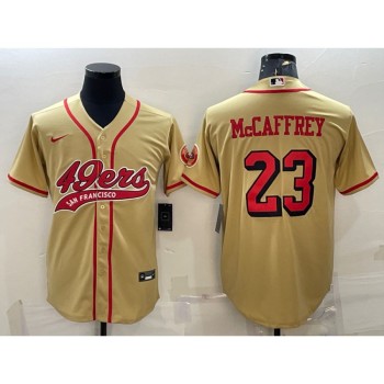 Men's San Francisco 49ers #23 Christian McCaffrey New Gold With Patch Cool Base Stitched Baseball Jersey Men's San Francisco 49ers #23 Christian McCaffrey New Gold With Patch Cool Base Stitched Baseball Jersey