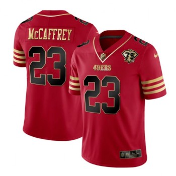 Men's San Francisco 49ers #23 Christian McCaffrey Red Gold With 75th Patch Cool Base Stitched Jersey Men's San Francisco 49ers #23 Christian McCaffrey Red Gold With 75th Patch Cool Base Stitched Jersey