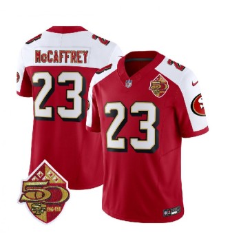 Men's San Francisco 49ers #23 Christian McCaffrey Red/White 2023 F.U.S.E. 50th Patch Throwback Stitched Football Jersey Men's San Francisco 49ers #23 Christian McCaffrey Red/White 2023 F.U.S.E. 50th Patch Throwback Stitched Football Jersey